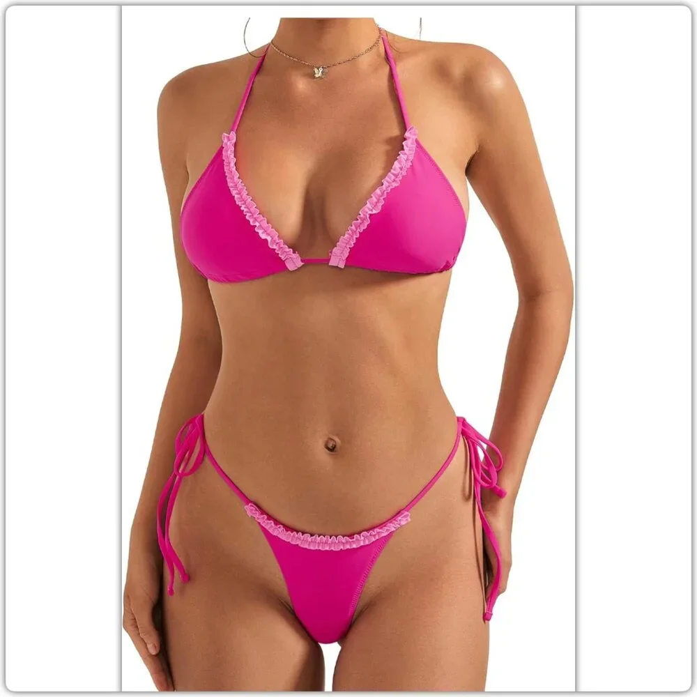 Pink Ruffle Thong Triangle Bikini - Picture 1 of 5
